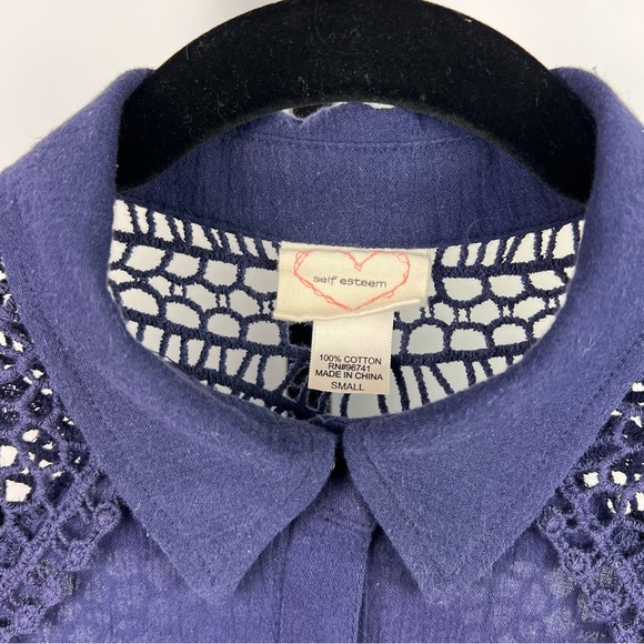 Self Esteem Navy Collar Lace Gauzy Button Down Blouse 3/4 Roll Up Sleeves Small - Picture 3 of 10